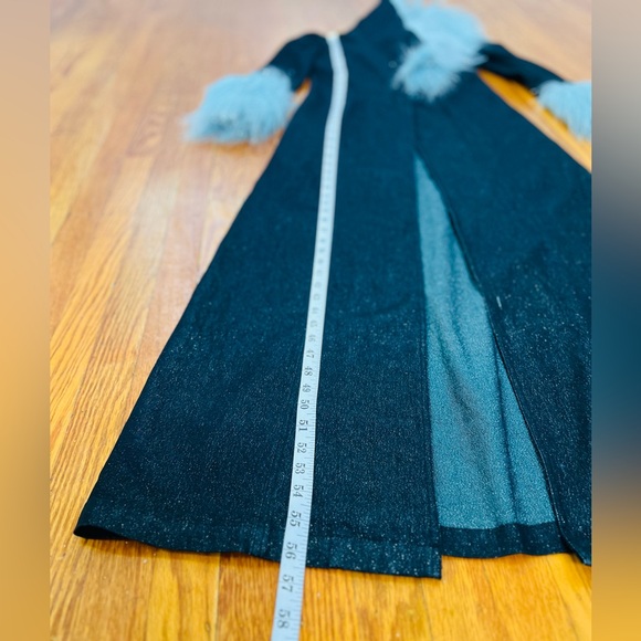 blanc noir Black Maxi Coat with Light Blue Faux Fur Trim - Picture 7 of 15